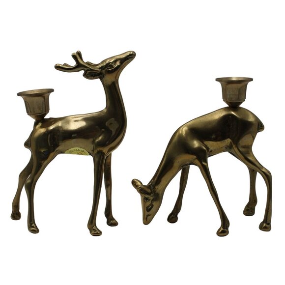 Solid Brass Buck and Doe Reindeer Figurine Candle Holder Set Price Products Vtg - Picture 7 of 11